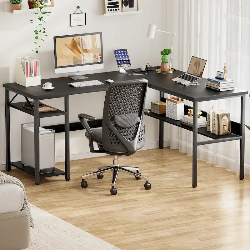 Bureau d'angle réversible en forme de L avec étagères de rangement, bureau d'angle pour bureau à domicile avec station de charge