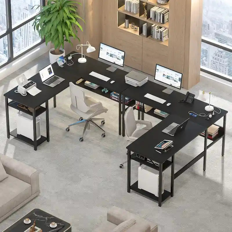 Bureau d'angle réversible en forme de L avec étagères de rangement, bureau d'angle pour bureau à domicile avec station de charge
