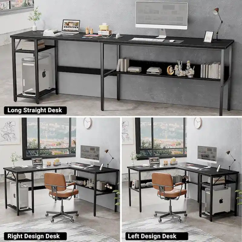 Bureau d'angle réversible en forme de L avec étagères de rangement, bureau d'angle pour bureau à domicile avec station de charge