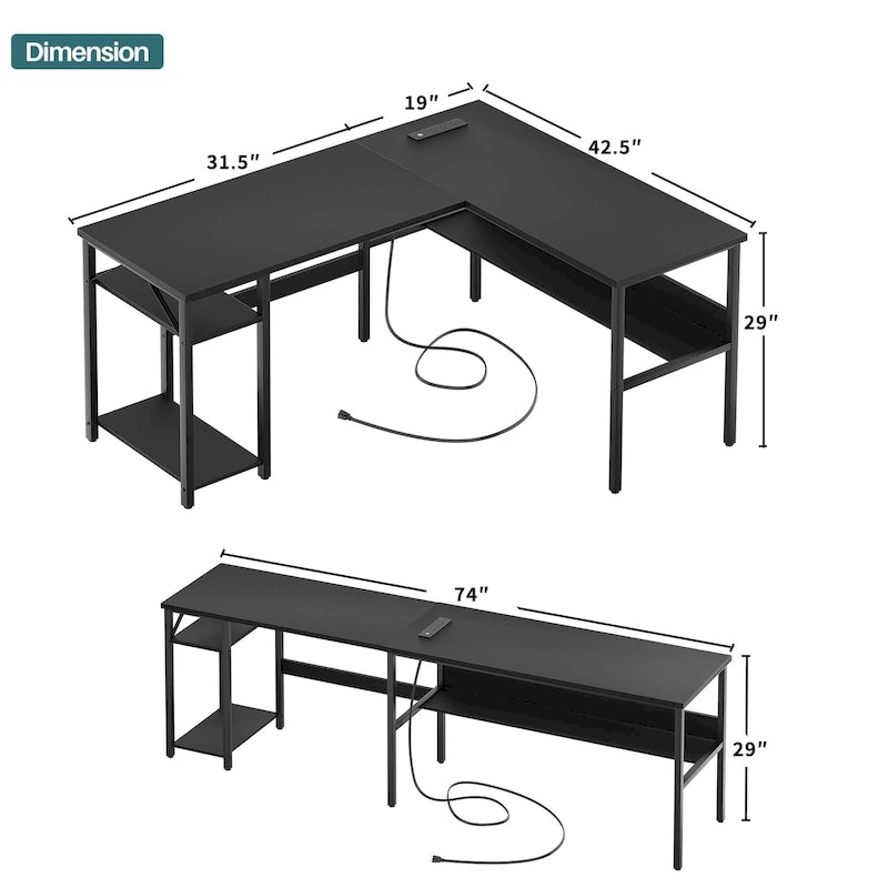 Bureau d'angle réversible en forme de L avec étagères de rangement, bureau d'angle pour bureau à domicile avec station de charge