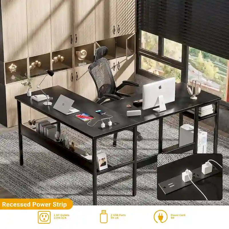 Bureau d'angle réversible en forme de L avec étagères de rangement, bureau d'angle pour bureau à domicile avec station de charge
