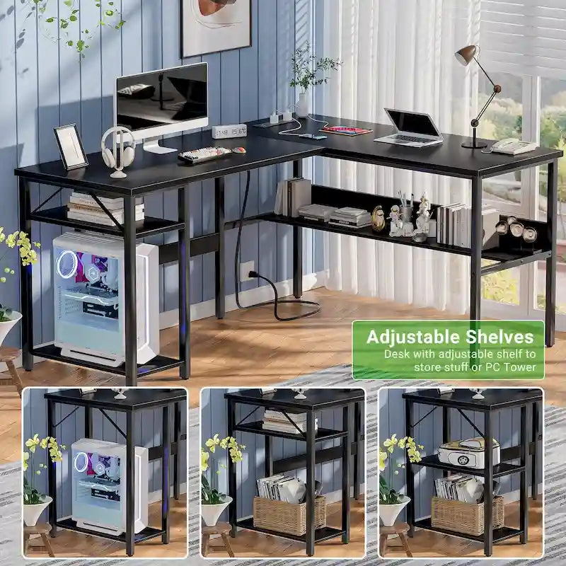 Bureau d'angle réversible en forme de L avec étagères de rangement, bureau d'angle pour bureau à domicile avec station de charge