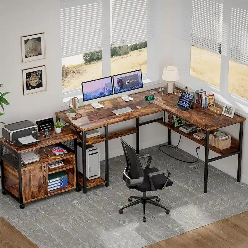 Bureau d'angle réversible en forme de L avec étagères de rangement, bureau d'angle pour bureau à domicile avec station de charge