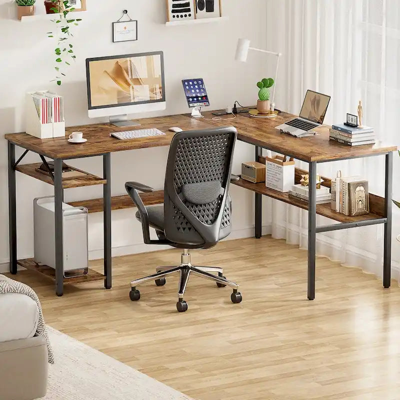 Bureau d'angle réversible en forme de L avec étagères de rangement, bureau d'angle pour bureau à domicile avec station de charge