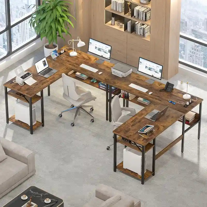 Bureau d'angle réversible en forme de L avec étagères de rangement, bureau d'angle pour bureau à domicile avec station de charge