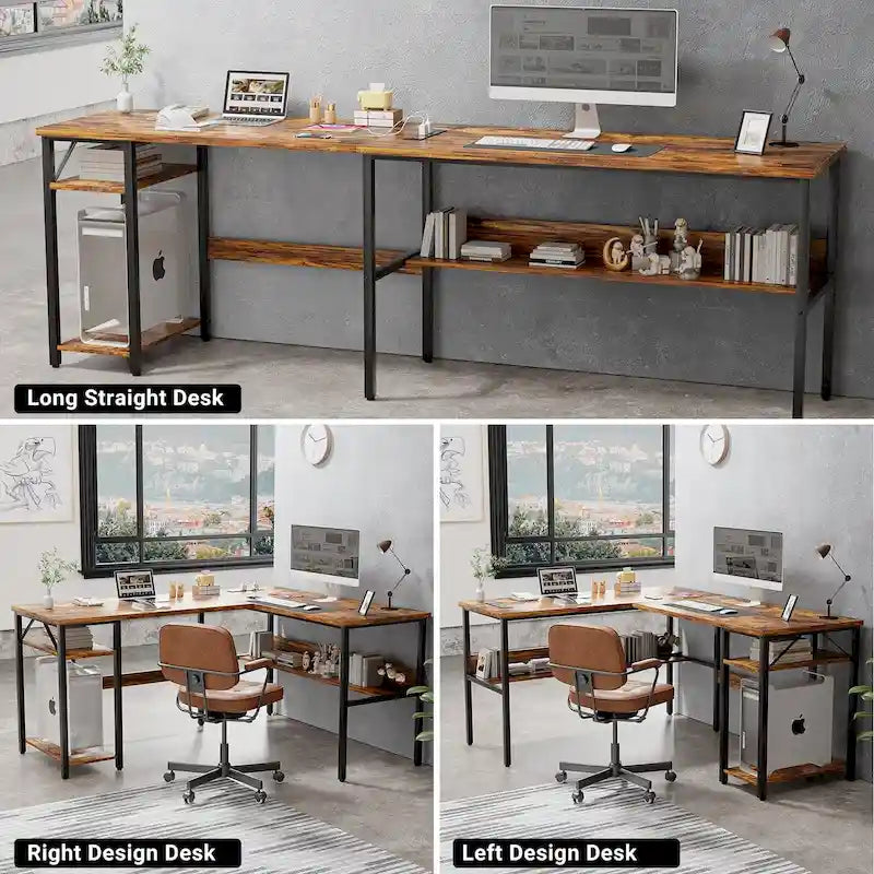 Bureau d'angle réversible en forme de L avec étagères de rangement, bureau d'angle pour bureau à domicile avec station de charge