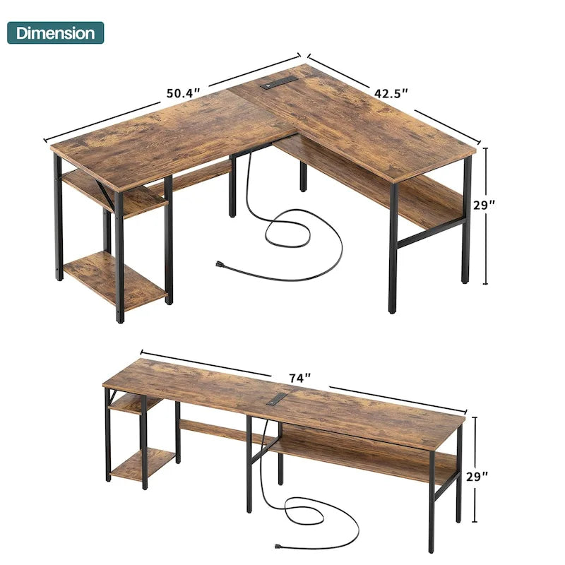 Bureau d'angle réversible en forme de L avec étagères de rangement, bureau d'angle pour bureau à domicile avec station de charge