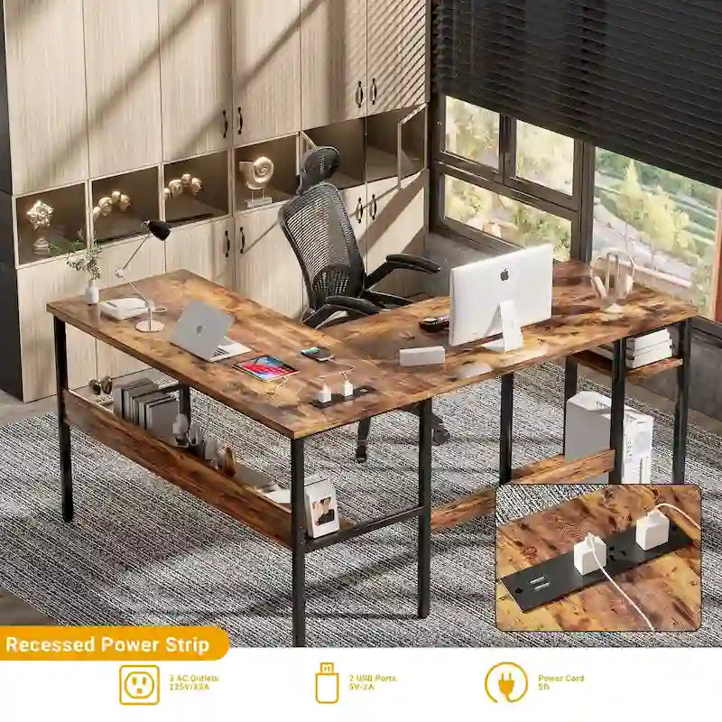 Bureau d'angle réversible en forme de L avec étagères de rangement, bureau d'angle pour bureau à domicile avec station de charge