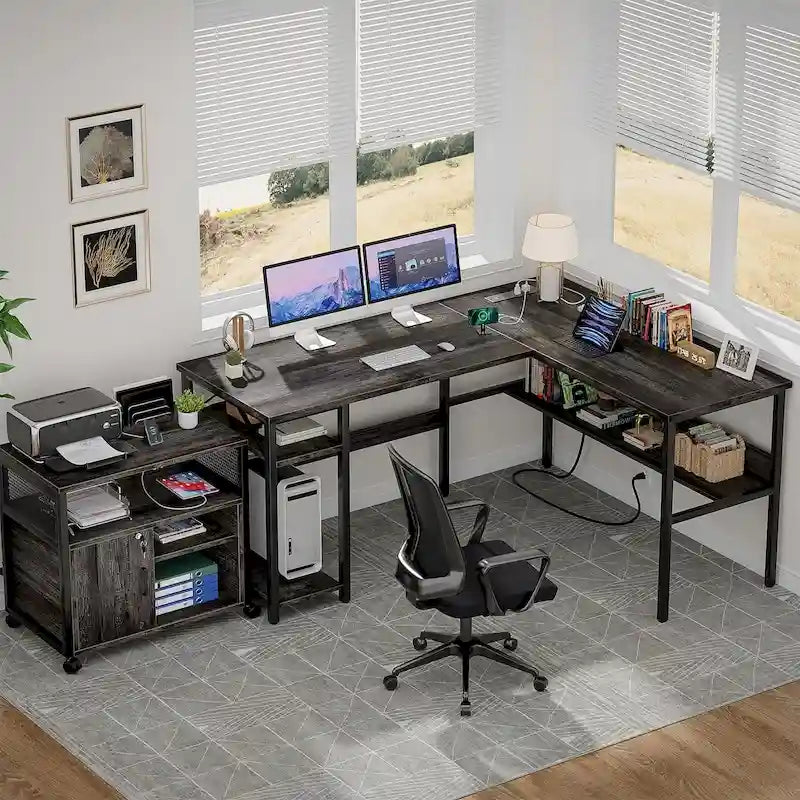 Bureau d'angle réversible en forme de L avec étagères de rangement, bureau d'angle pour bureau à domicile avec station de charge