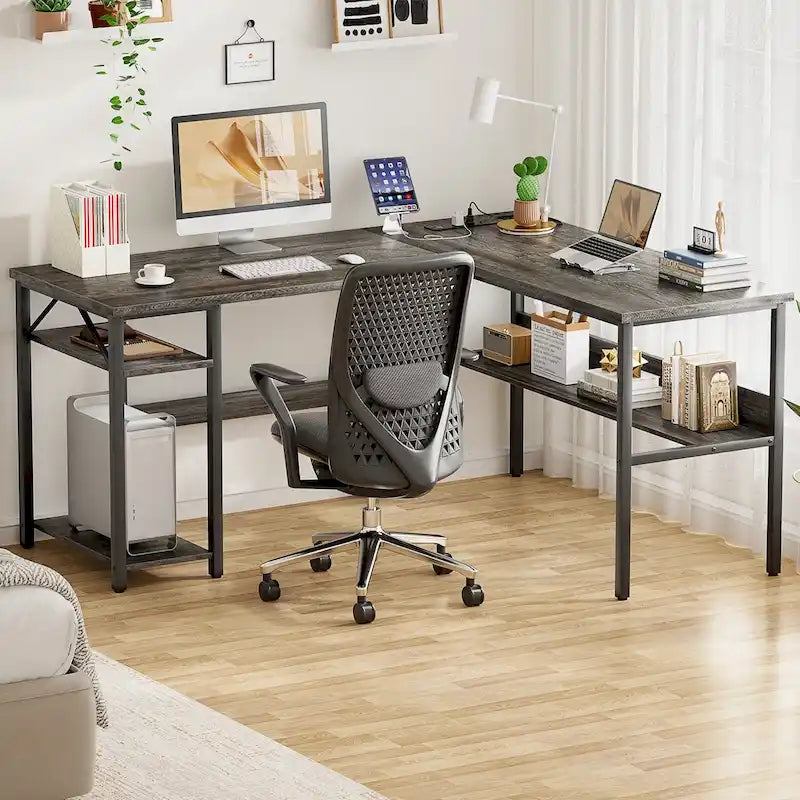 Bureau d'angle réversible en forme de L avec étagères de rangement, bureau d'angle pour bureau à domicile avec station de charge
