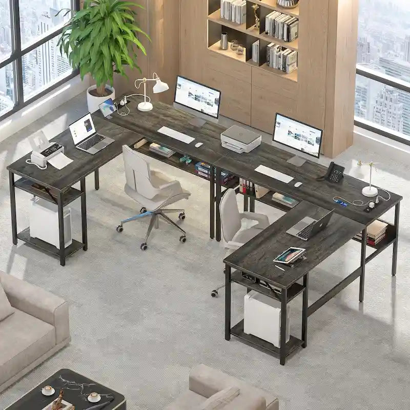 Bureau d'angle réversible en forme de L avec étagères de rangement, bureau d'angle pour bureau à domicile avec station de charge