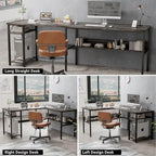Bureau d'angle réversible en forme de L avec étagères de rangement, bureau d'angle pour bureau à domicile avec station de charge