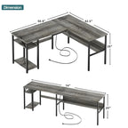 Bureau d'angle réversible en forme de L avec étagères de rangement, bureau d'angle pour bureau à domicile avec station de charge
