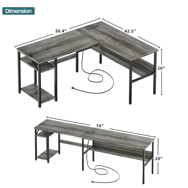 Bureau d'angle réversible en forme de L avec étagères de rangement, bureau d'angle pour bureau à domicile avec station de charge
