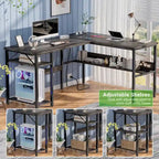Bureau d'angle réversible en forme de L avec étagères de rangement, bureau d'angle pour bureau à domicile avec station de charge
