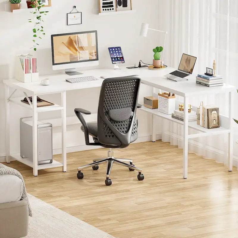 Bureau d'angle réversible en forme de L avec étagères de rangement, bureau d'angle pour bureau à domicile avec station de charge