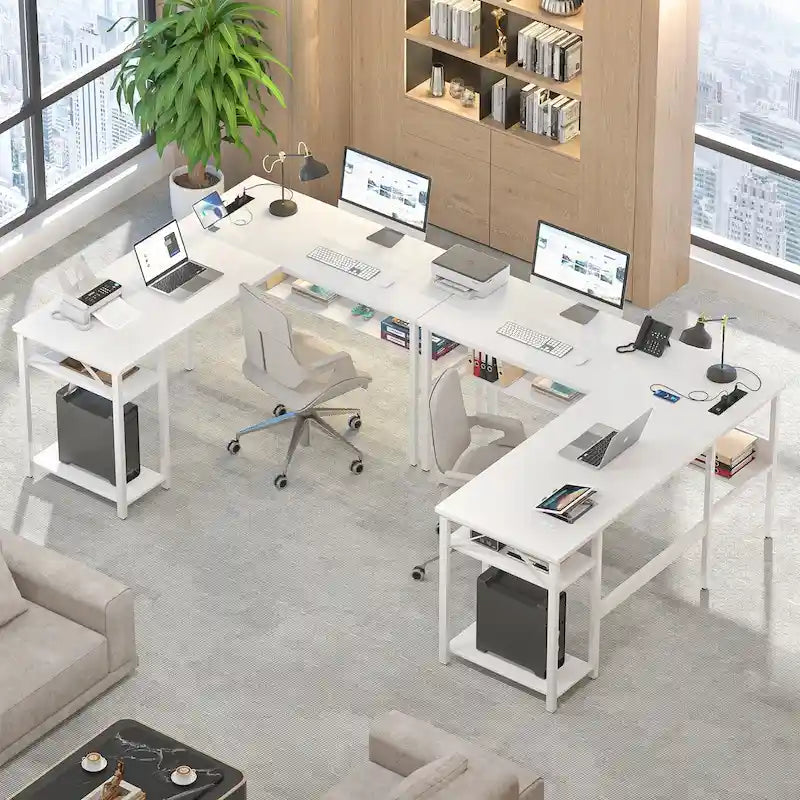 Bureau d'angle réversible en forme de L avec étagères de rangement, bureau d'angle pour bureau à domicile avec station de charge