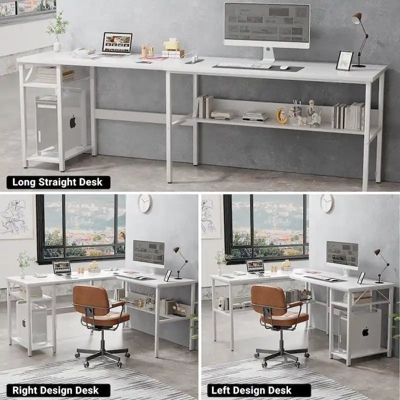 Bureau d'angle réversible en forme de L avec étagères de rangement, bureau d'angle pour bureau à domicile avec station de charge