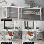 Bureau d'angle réversible en forme de L avec étagères de rangement, bureau d'angle pour bureau à domicile avec station de charge