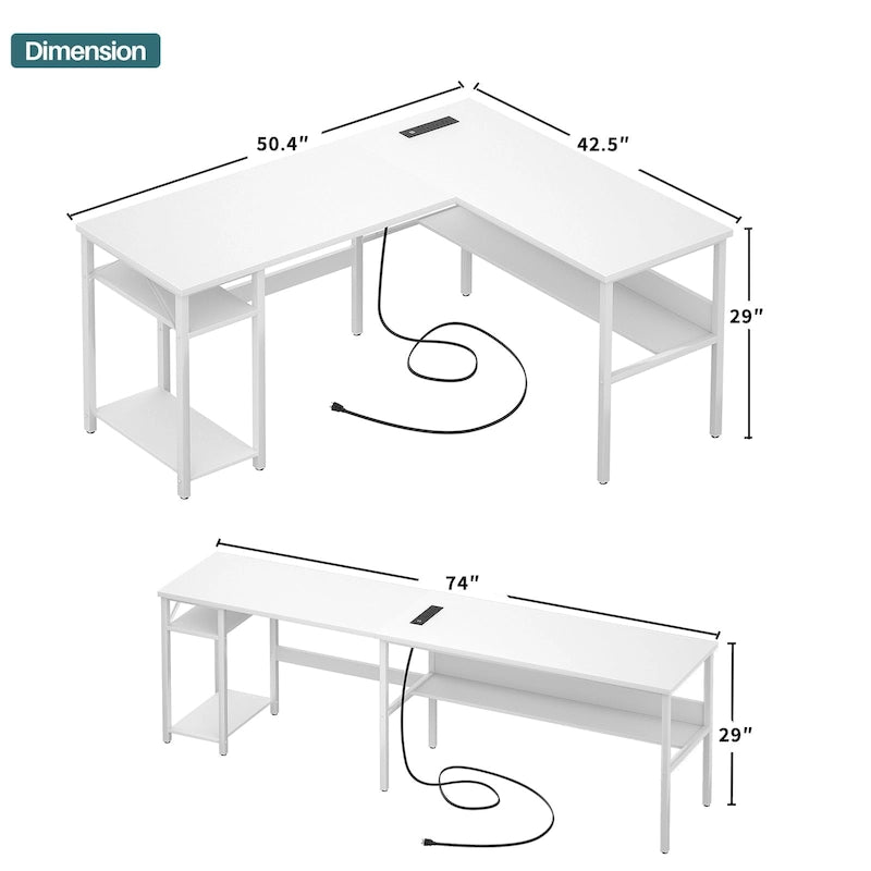 Bureau d'angle réversible en forme de L avec étagères de rangement, bureau d'angle pour bureau à domicile avec station de charge