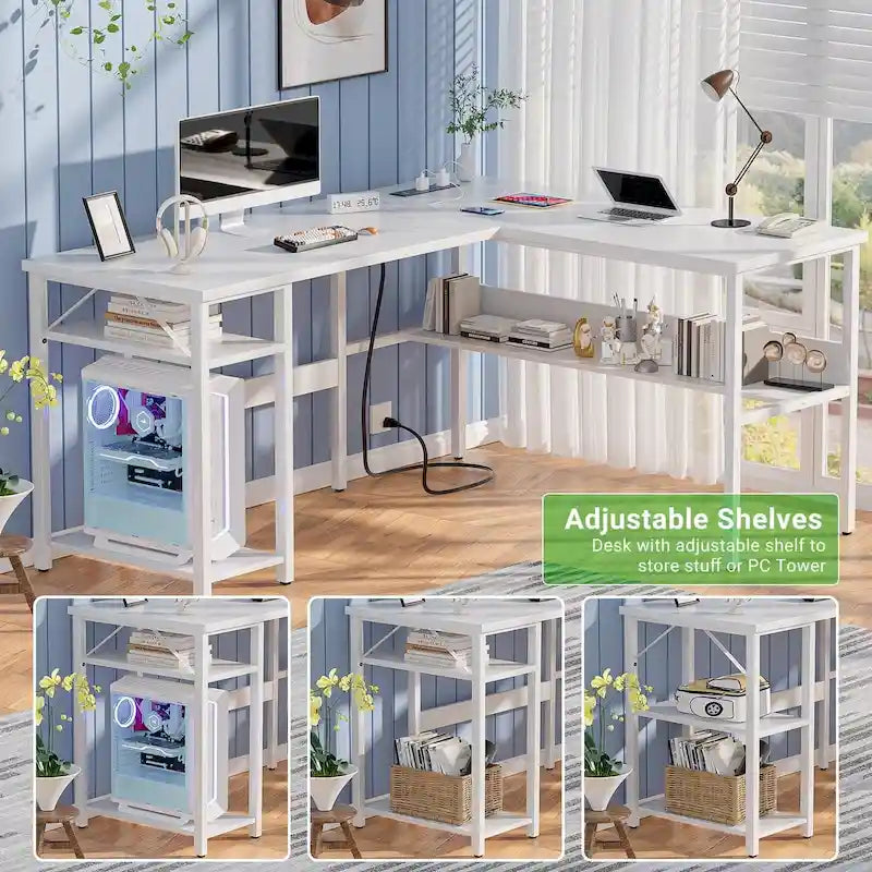 Bureau d'angle réversible en forme de L avec étagères de rangement, bureau d'angle pour bureau à domicile avec station de charge