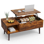 Table basse relevable en bois avec étagère de rangement, idéale pour le salon ou le bureau.