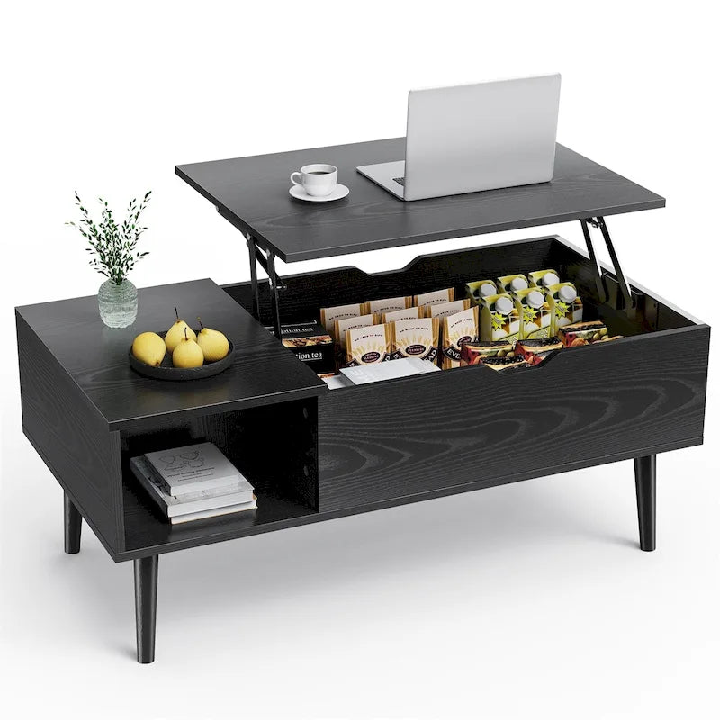 Table basse relevable en bois avec étagère de rangement, idéale pour le salon ou le bureau.