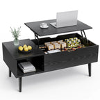 Table basse relevable en bois avec étagère de rangement, idéale pour le salon ou le bureau.