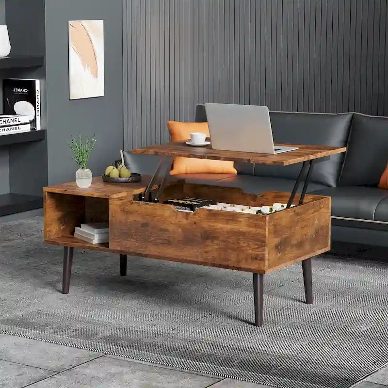 Table basse relevable en bois avec étagère de rangement, idéale pour le salon ou le bureau.