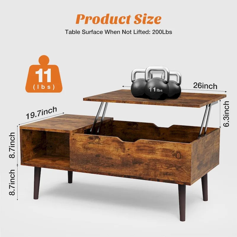 Table basse relevable en bois avec étagère de rangement, idéale pour le salon ou le bureau.