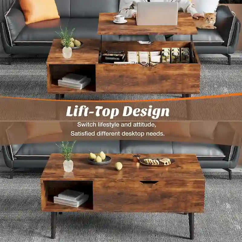Table basse relevable en bois avec étagère de rangement, idéale pour le salon ou le bureau.