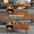 Table basse relevable en bois avec étagère de rangement, idéale pour le salon ou le bureau.