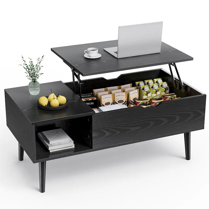 Table basse relevable en bois avec étagère de rangement, idéale pour le salon ou le bureau.