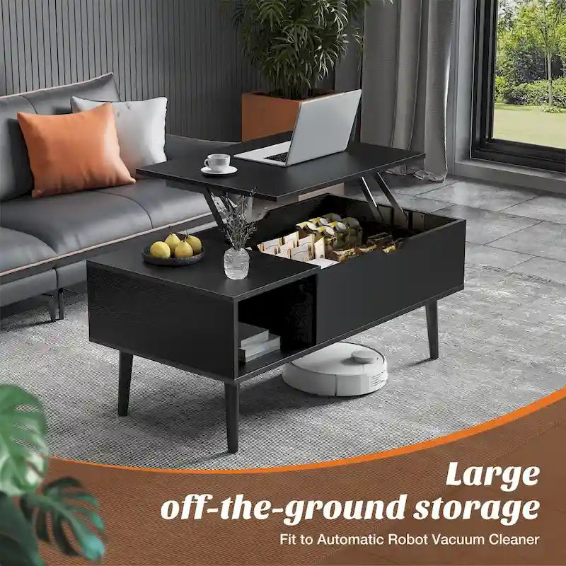 Table basse relevable en bois avec étagère de rangement, idéale pour le salon ou le bureau.