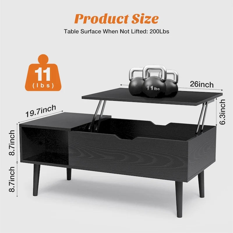 Table basse relevable en bois avec étagère de rangement, idéale pour le salon ou le bureau.