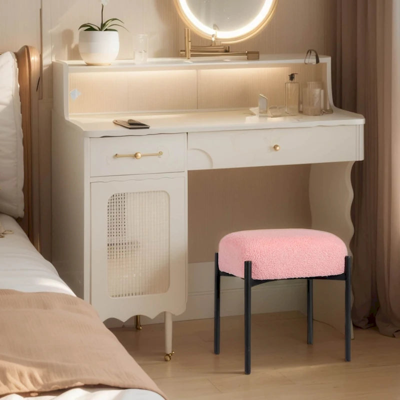 Tabouret de coiffeuse rond en fausse fourrure d'ourson, repose-pieds ottoman