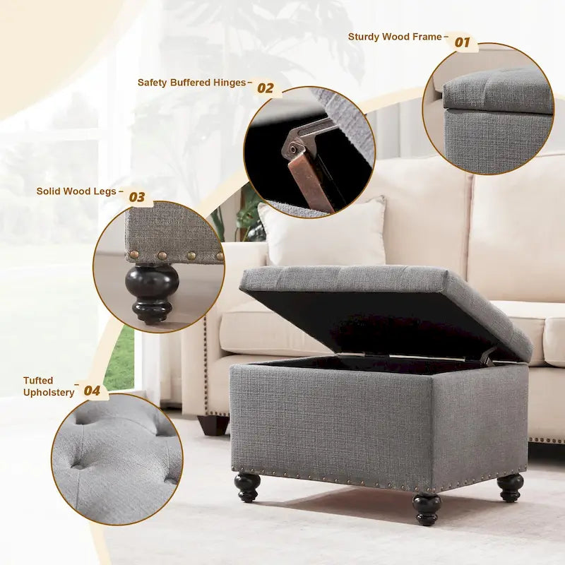 Banc ottoman de rangement capitonné, repose-pieds rectangulaire