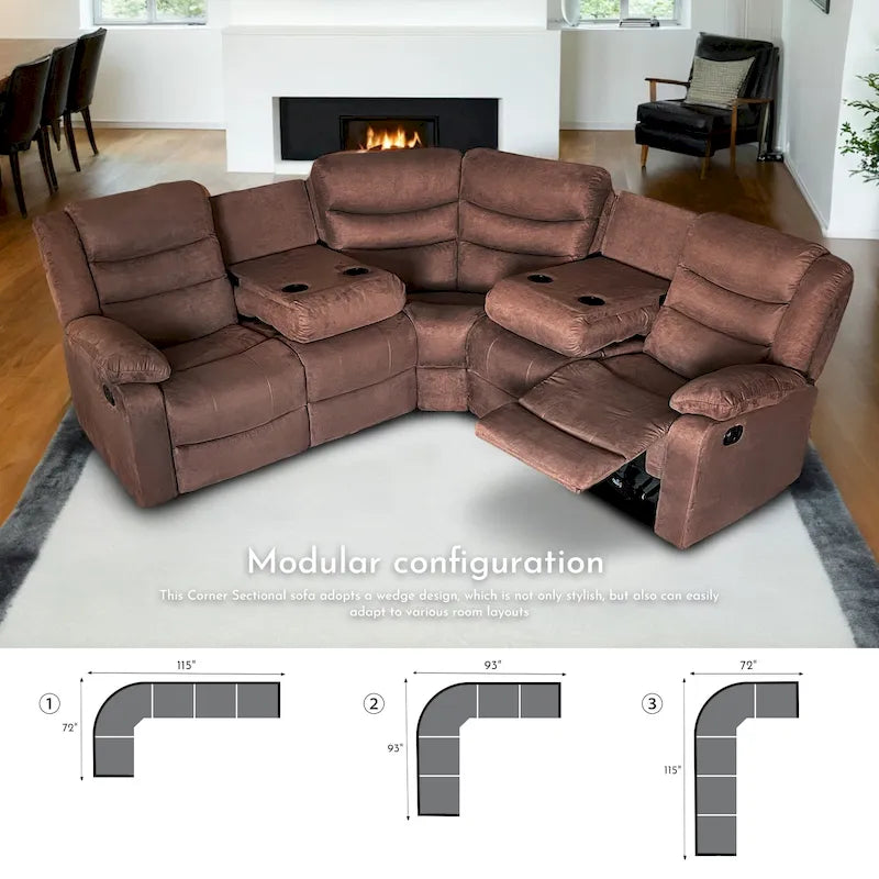Canapé d'angle inclinable manuel 5 pièces en polyester/suède de 93 pouces de large