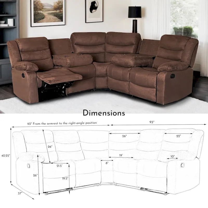 Canapé d'angle inclinable manuel 5 pièces en polyester/suède de 93 pouces de large