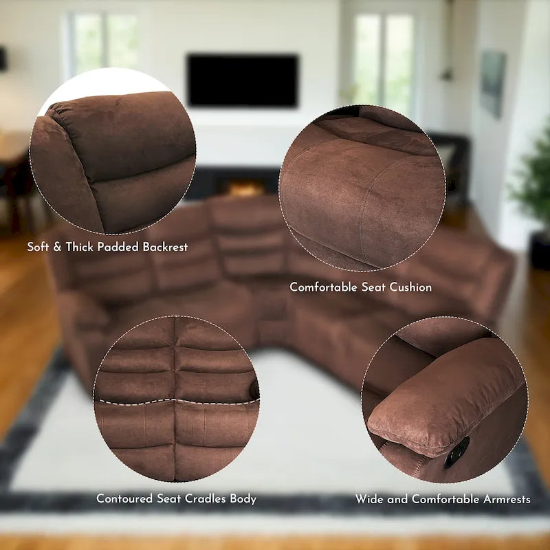 Canapé d'angle inclinable manuel 5 pièces en polyester/suède de 93 pouces de large