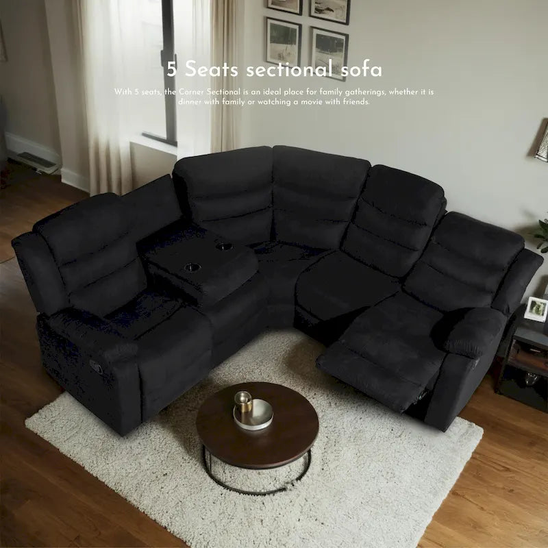 Canapé d'angle inclinable manuel 5 pièces en polyester/suède de 93 pouces de large