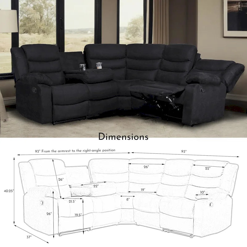 Canapé d'angle inclinable manuel 5 pièces en polyester/suède de 93 pouces de large