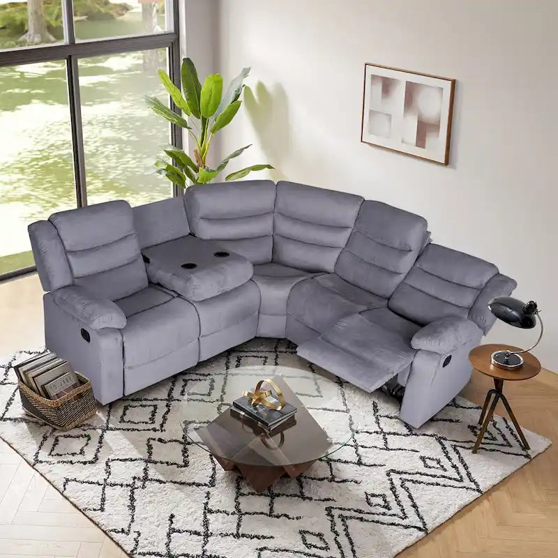 Canapé d'angle inclinable manuel 5 pièces en polyester/suède de 93 pouces de large