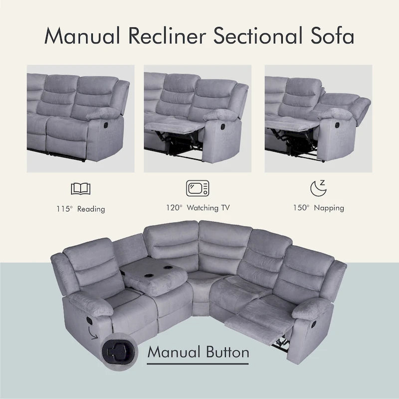 Canapé d'angle inclinable manuel 5 pièces en polyester/suède de 93 pouces de large
