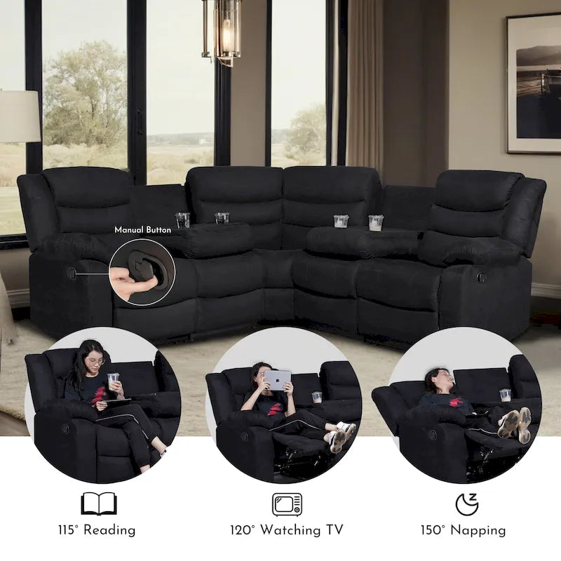 Canapé d'angle inclinable manuel 5 pièces en polyester/suède de 93 pouces de large