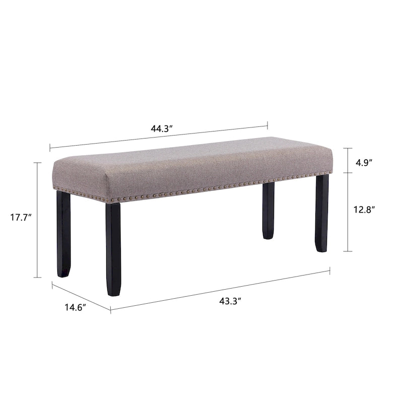 Banc moderne capitonné de 44 pouces de long avec garniture cloutée et pieds en bois