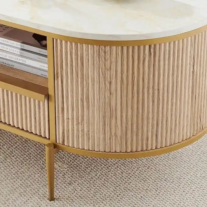 Table basse moderne et luxueuse à cannelures, table d'appoint avec plateau en imitation marbre