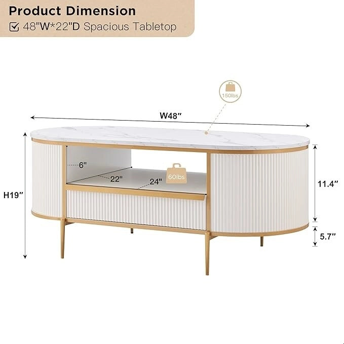 Table basse moderne et luxueuse à cannelures, table d'appoint avec plateau en imitation marbre