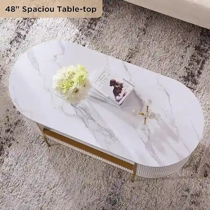 Table basse moderne et luxueuse à cannelures, table d'appoint avec plateau en imitation marbre