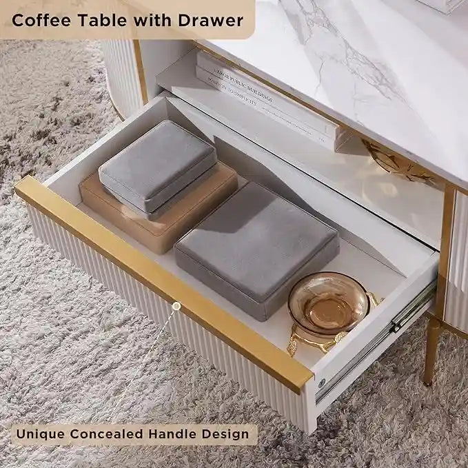 Table basse moderne et luxueuse à cannelures, table d'appoint avec plateau en imitation marbre